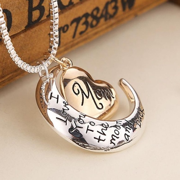 I Love You to the Moon and Back “Mom” Silver and Gold Moon/Heart charm necklace - Picture 6 of 11